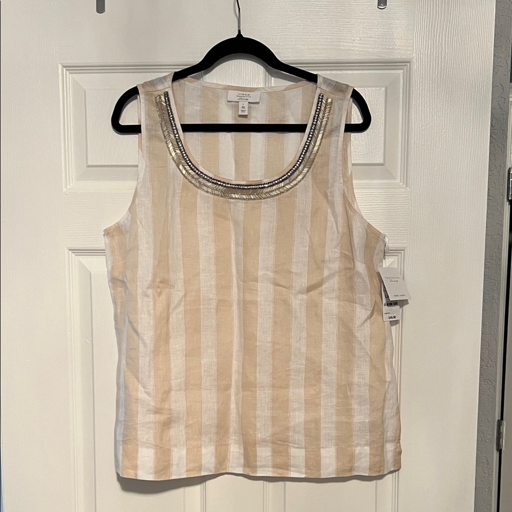 Charter Club Beige and White Striped Tank Top